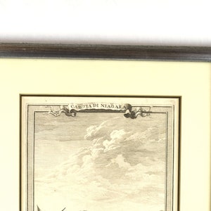 May include: A black and white engraving of Niagara Falls with the text "CADUTA DI NIAGARA" in a banner above the falls.