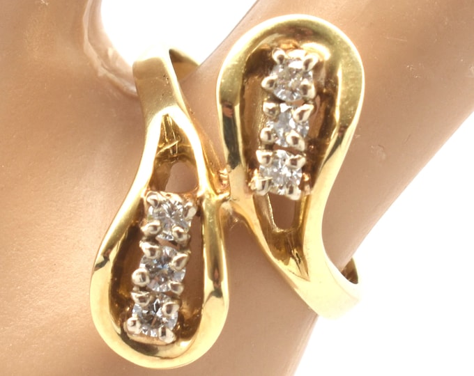 Estate 14K Solid Yellow Gold Natural Diamonds Ring Vintage Bypass Quarter Carat Total Weight Size 5.5Holiday Gift