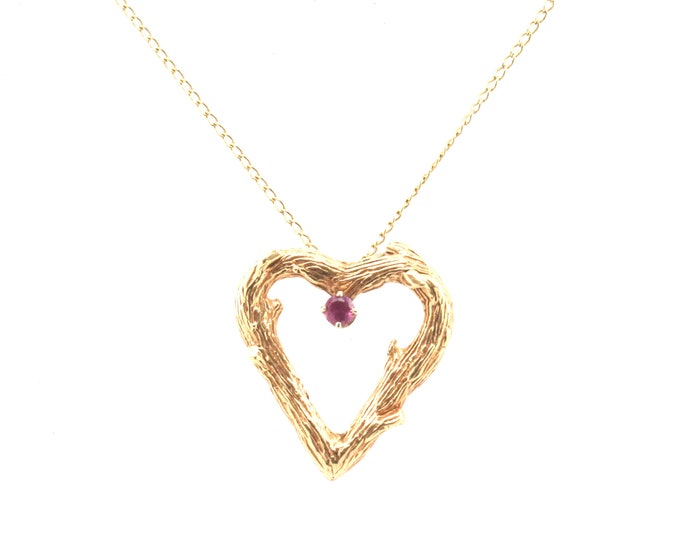 Estate Ruby Necklace Vintage 14K Solid Yellow Gold Natural Ruby Open Heart Quarter Carat Total Weight July Birthstone Holiday Gift