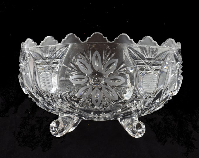 Estate Glass Bowl Vintage Pressed and Cut Glass Oval Scalloped Edge Four Feet Flowers Stars Hatch Floral Holiday Gift