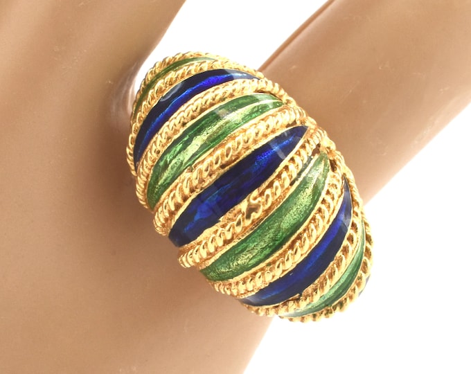 Estate Gold Ring Vintage 18K Solid Yellow Gold Blue and Green Enamel Size 3 Holiday Gift