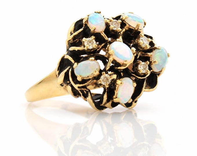 Vintage 14K Australian Opal Diamond Floral Cluster Ring Mid Century Estate Jewelry Size 5.5