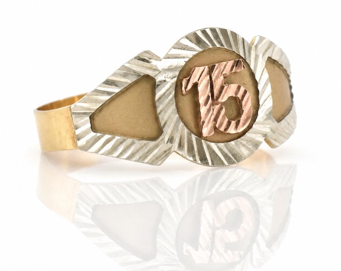 Estate 14K Yellow Gold Quinceañera Ring, Diamond Cut Size 6.75