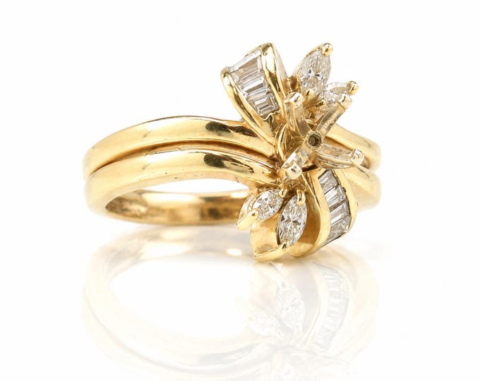 Vintage Diamond Semi-Mount Bridal Set: 14K Yellow Gold, Size 6.5