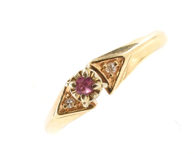 Estate Gemstone Ring Vintage 14K Solid Yellow Gold Natural Diamonds Ruby 0.17 Carats Total Weight Size 7.5 July Birthstone Holiday Gift