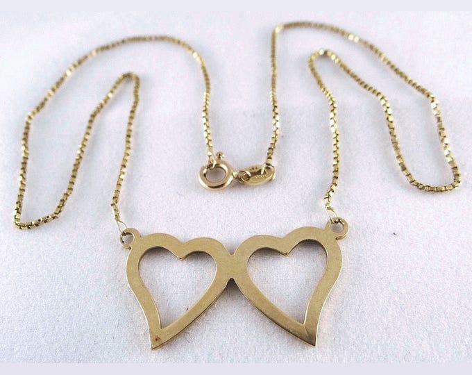 Estate 14K Solid Yellow Gold Double Two Hearts 15.6" Box Chain Necklace 4.61 Grams Made in Italy Fast Shipping Holiday Gift