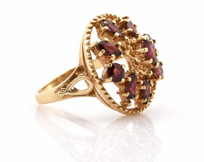 Vintage 14K Gold Garnet Ring, Estate Marquise & Round Cut