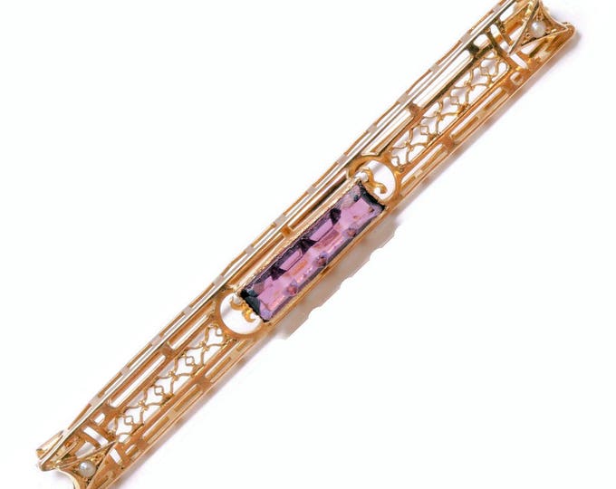 Antique 10K Yellow and White Gold Amethyst Glass Seed Pearls Bar Pin Over 2 Grams 2 Inches Long February Birthstone Holiday Gift