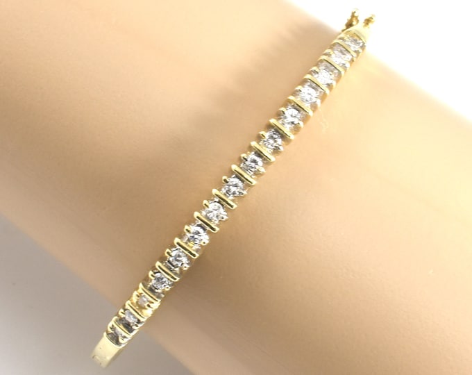 Estate Diamond Bracelet Vintage 14K Solid Yellow Gold Natural Diamonds Hinged Bangle .75 Carats 6.6 Inches Holiday Gift