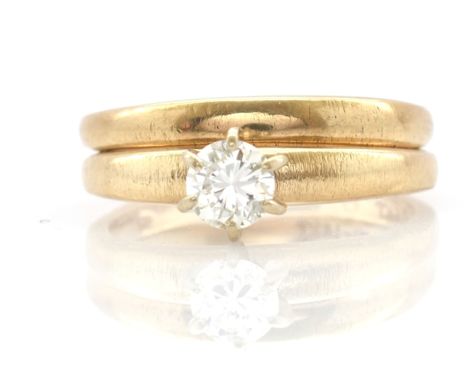 14K Solid Yellow Gold Natural Diamond Gift Ring Set Vintage Estate Point 38 Carats VVS2 Nearly 5 Grams Size 5 Signed BOMI Gift