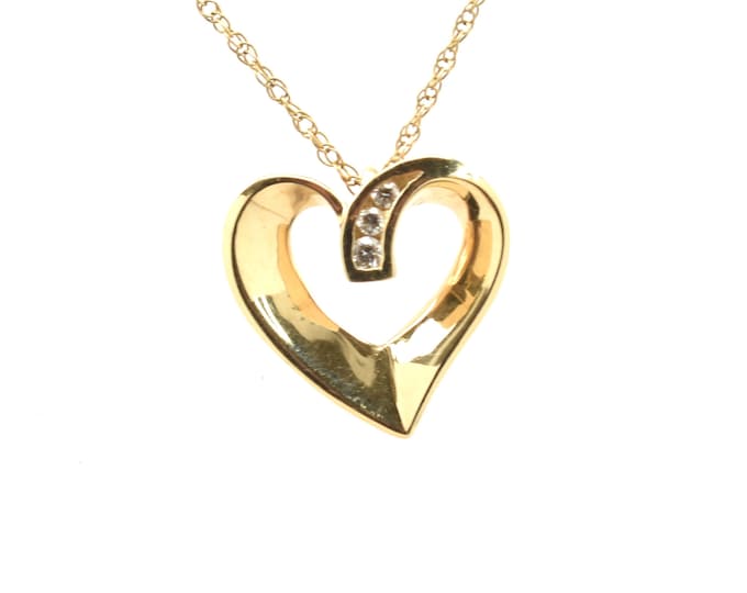 Estate Diamond Pendant Vintage 14K Solid Yellow Gold Natural Diamonds Heart Slide Holiday Gift