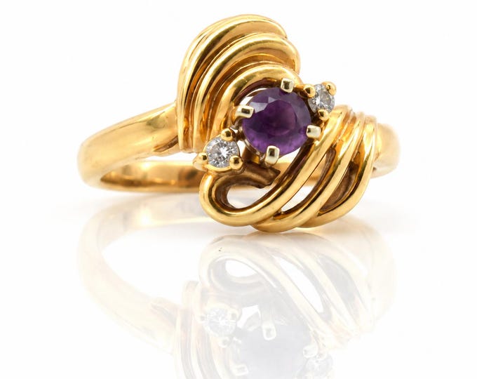 Vintage 14K Gold Amethyst Diamond Mid Century Modern Swirl Cocktail Ring
