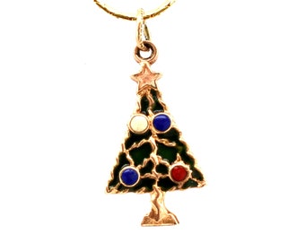 Estate Gold Charm Vintage 14K Solid Yellow Gold Christmas Tree Enamel Pendant Over 1 Inch Long Signed JMF Holiday Gift