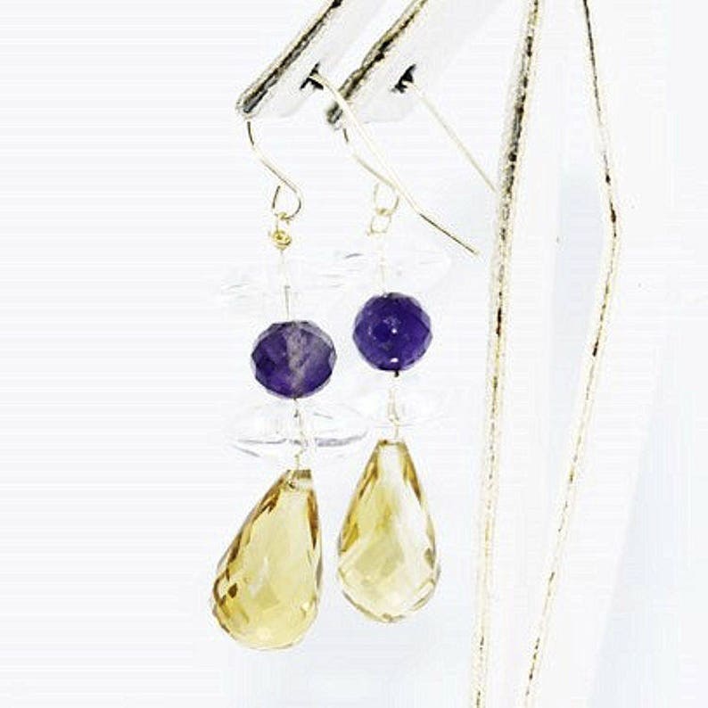Estate Pair 14K Yellow Gold Citrine Amethyst White Topaz Drop Dangle Earrings 28 Carats Total Weight 5.78 Grams Wedding