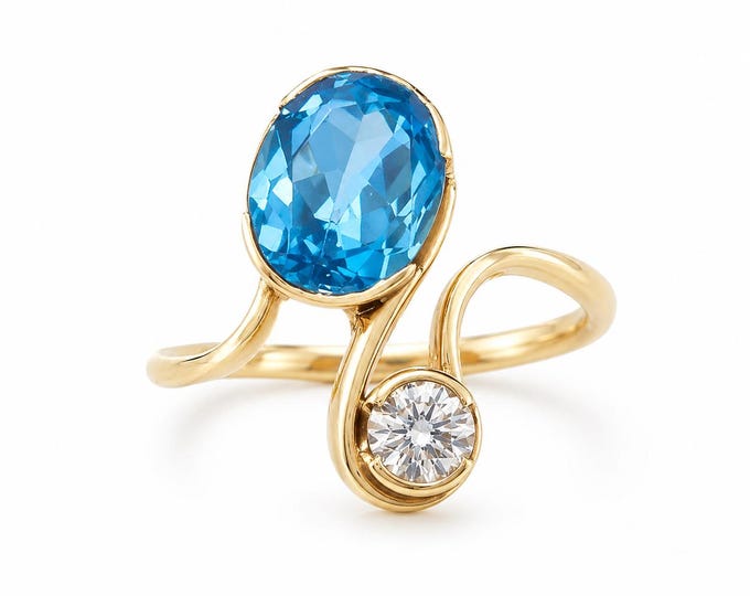 Estate 14K Gold Swiss Blue Topaz & Diamond Ring, Size 5.5