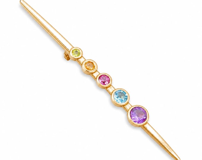 Antique 14K Yellow Gold Multi-Gemstone Bar Brooch Pin