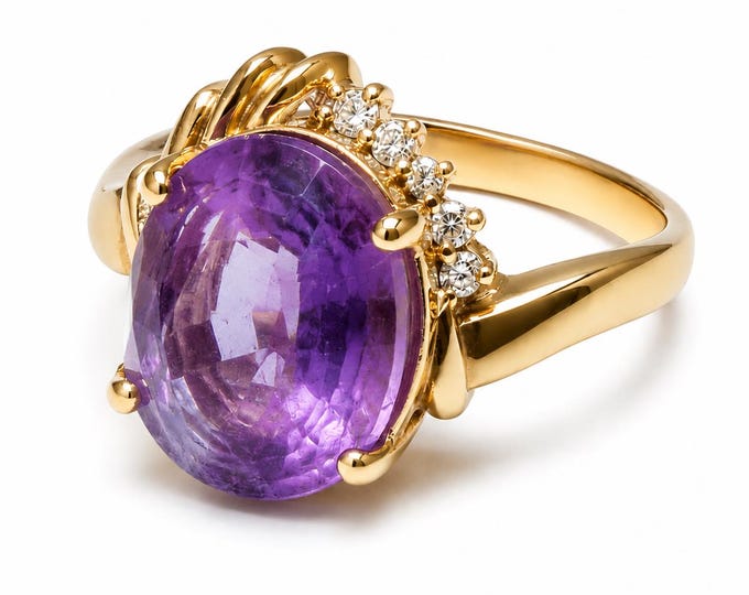Estate 14K Gold Amethyst Ring with Diamonds, February Birthstone