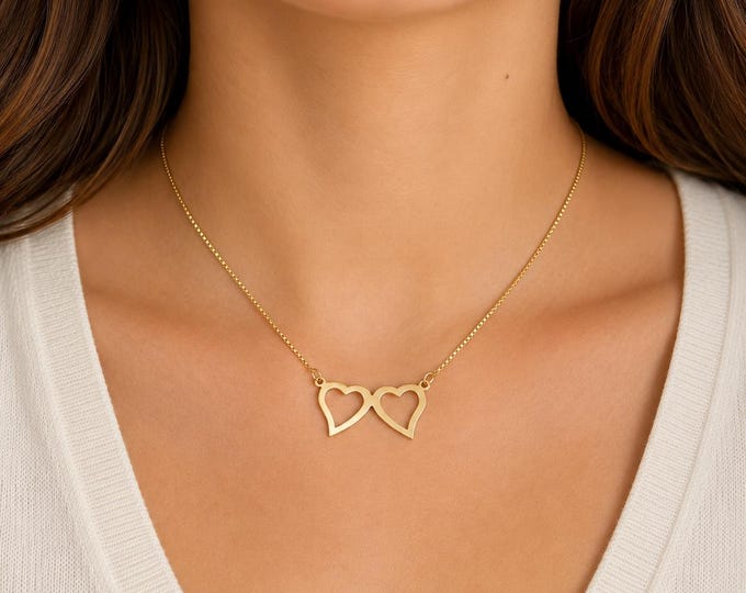 Estate 14K Yellow Gold Double Heart Necklace, Italian Box Chain