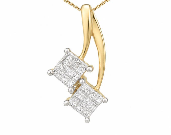 14K Gold Invisible Set Princess Cut Diamond Geometric Slide Pendant