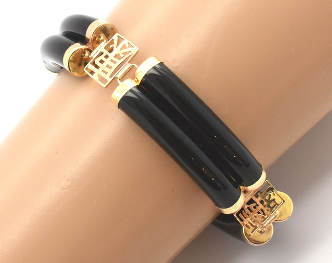 Estate 14K Solid Yellow Gold Bracelet Vintage Natural Onyx Chinese Good Luck Characters 6.75 Inches Long Holiday Gift
