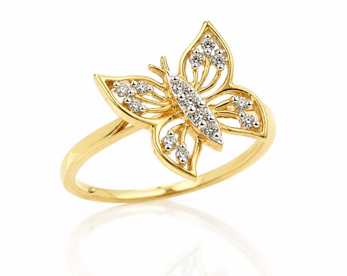 Vintage 14K Gold Butterfly Ring with Natural Diamonds, Size 8.5