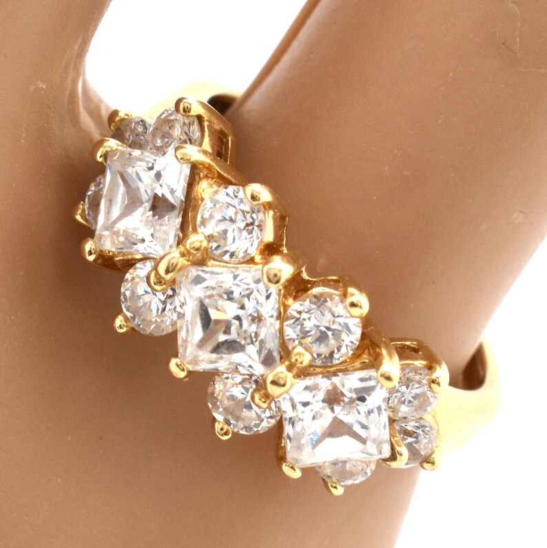14K Solid Yellow Gold Ring Diamonique Cubic Zirconia Vintage Estate Signed DQCZ Nearly 4 Carats Total Nearly 4 Grams Size 4.5 Wedding