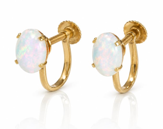 Vintage 14K Gold Opal Screw Back Earrings Mid Century Minimalist Style