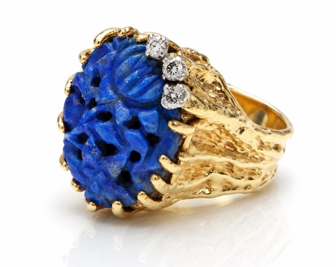 Vintage Carved Lapis Ring, 18K Yellow Gold & Diamond, Size 4.5