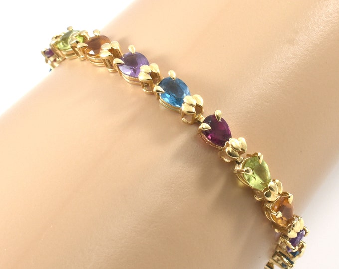 Estate Gemstone Bracelet Vintage 14K Solid Yellow Gold Natural Garnets Amethysts Peridot Citrines Blue Topaz Nearly 7 Inches Long Mom Gift