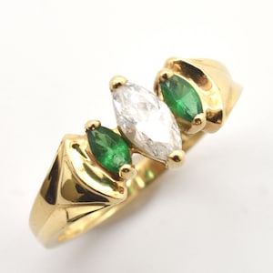 Estate 14K Solid Yellow Gold Ring Vintage Marquise Emerald Green Diamonique Cubic Zirconia .686 Carats Total Weight Size 7.75 Valentine
