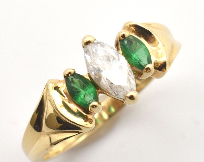 Estate 14K Solid Yellow Gold Ring Vintage Marquise Emerald Green Diamonique Cubic Zirconia .686 Carats Total Weight Size 7.75 Valentine