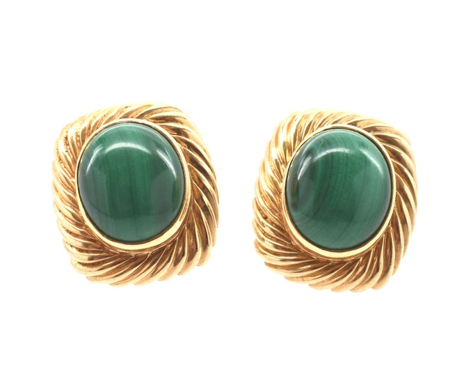 Estate Malachite Earrings Vintage 14K Solid Yellow Gold Natural Stone Bold Clip Earrings 16 Carats Total Weight Holiday Gift