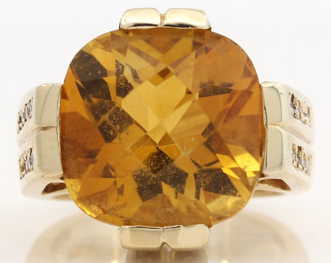 Estate 14K Yellow Gold 10 Carat Citrine and .5 Carat Total Weight Diamonds Ring 13.3 Grams Size 5.25 November Birthstone Holiday Gift