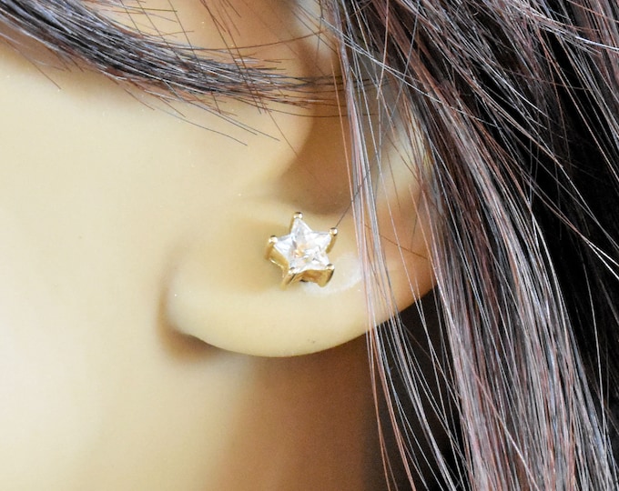 Estate CZ Earrings Vintage 14K Solid Yellow Gold Cubic Zirconia Star Cut Studs April Birthstone Holiday Gift