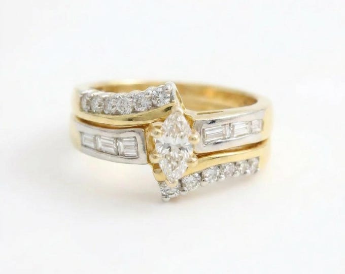 14K Yellow Gold Diamond Bridal Ring Set, Marquise & Baguette Cut, Size 6.75