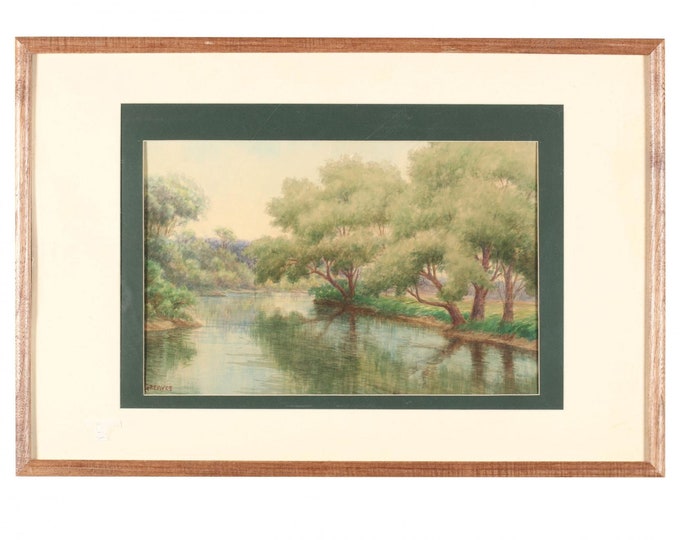 Antique Watercolor of a Lake in Summer by Listed Artist Harry E Greaves Matted and Framed Under Acrylic Wood Frame Holiday Gift