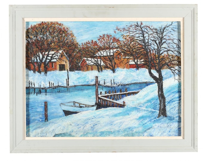 Vintage Snowy Riverscape Estate Framed Oil on Canvas Bucks County Pennsylvania Over 28 Inches Wide by Over 24 Inches Tall Holiday Gift
