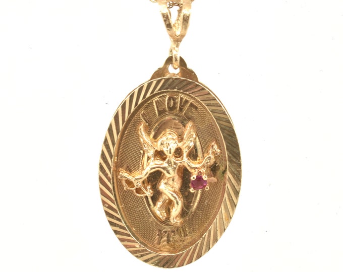 Estate Gemstone Charm Vintage 14K Solid Yellow Gold Red Stone Cupid I Love You Pendant Holiday Gift