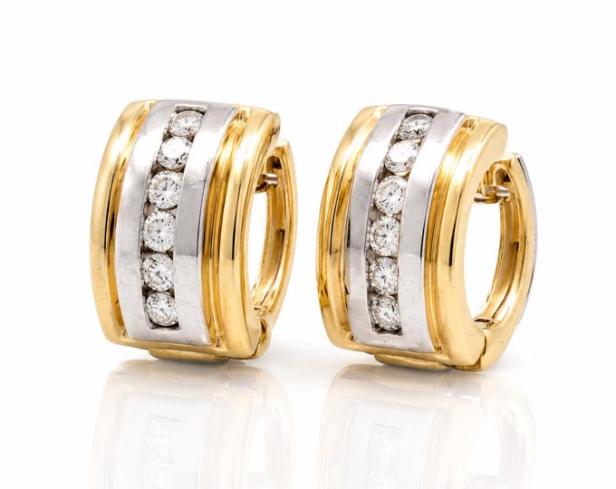Vintage 14K Two Tone Diamond Huggie Hoop Earrings Channel Set 0.48 CTW