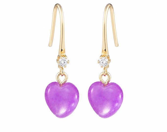 14K Gold Amethyst Heart Dangle Earrings, February Birthstone