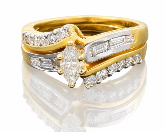 14K Yellow Gold Diamond Bridal Ring Set, Marquise & Baguette Cut, .85 CTW Size 6.75