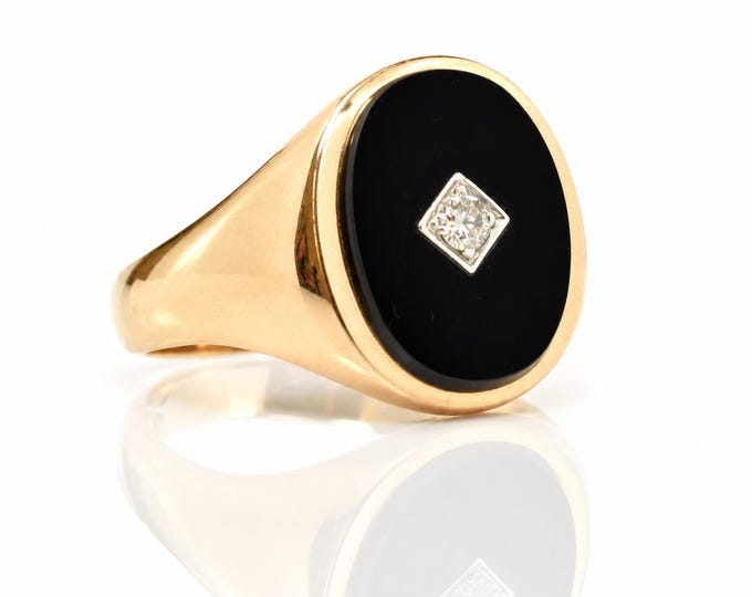 Estate Onyx Diamond Signet Ring 14K Solid Yellow Gold Men's Size 14