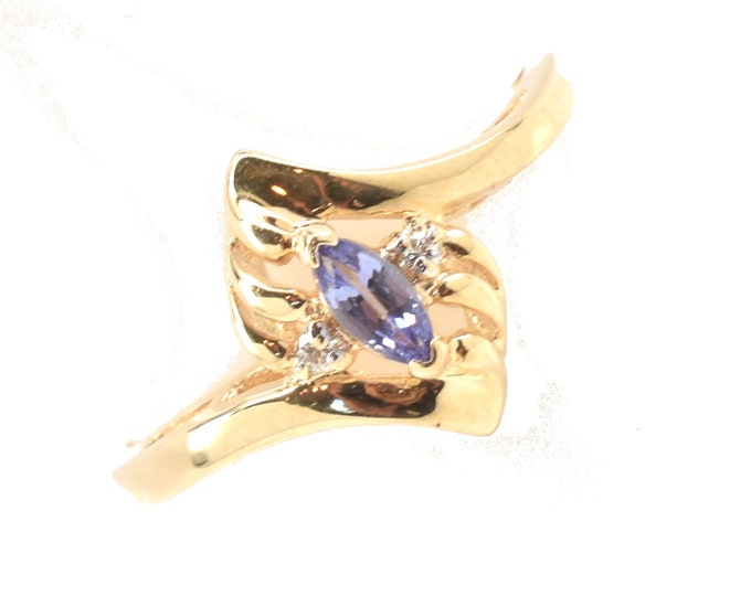 Estate Gemstone Ring Vintage 14K Solid Yellow Gold Natural Blue Tourmaline Diamonds Size 6.25 Holiday Gift