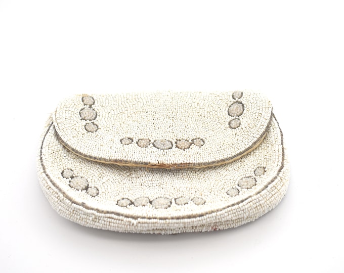 Vintage White Clutch Beaded Evening Bag Wrist Strap Wristlet Made in FranceHoliday Gift