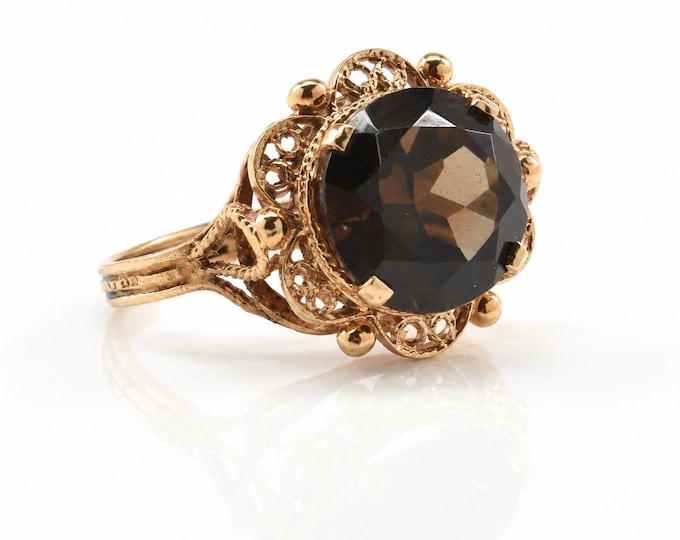 Victorian Revival Smoky Quartz Filigree Ring 14K Yellow Gold, Size 2.75