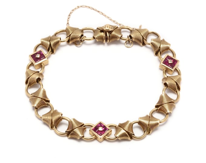 Vintage 14K Gold Ruby Diamond Bracelet, 8 Inch July Birthstone