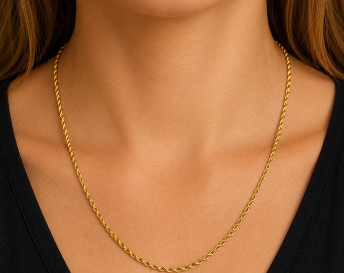 Vintage 14K Solid Yellow Gold Twisted Rope Chain Necklace, 18 Inch