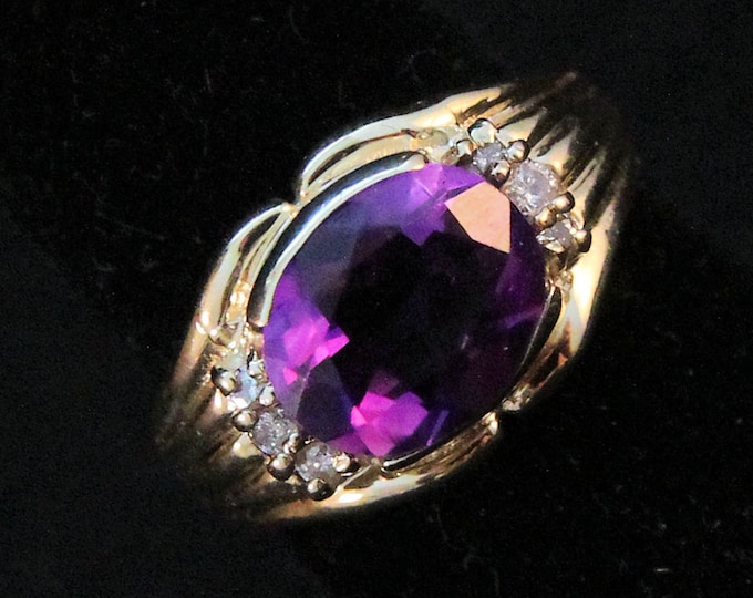 Estate 14K Yellow Gold Genuine Oval Cut Amethyst & Diamonds Ring 6.2 Grams Size 5.75 February Birthstone Holiday Gift