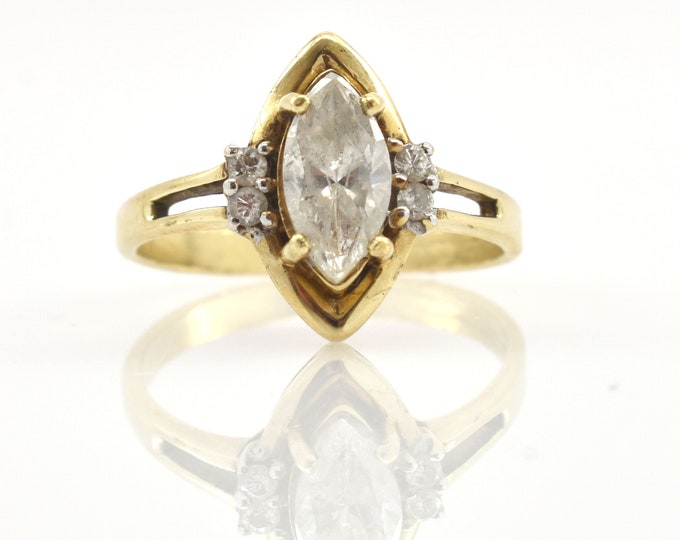 Estate 14K Solid Yellow Gold Natural Diamonds Ring Vintage Marquise Round Cut Over 1 Carat Total Weight Certified Size 6.75 Holiday Gift