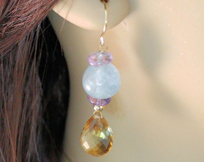 Estate 14K Yellow Gold Aquamarine Citrine Amethyst Drop Dangle Earrings 28 Carats Total Weight CTW 5.94 Grams Holiday Gift